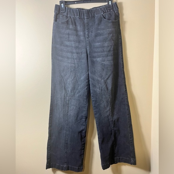 Black Wide Leg Pull On Casual Denim Jeans Size Medium High Rise Stretch Baggy - Picture 2 of 8